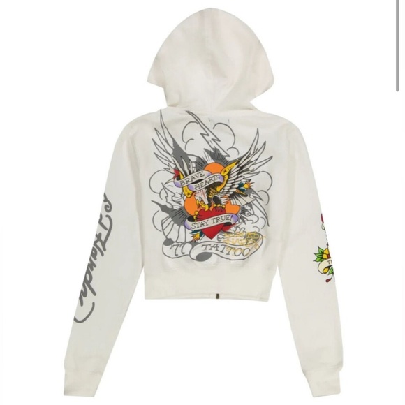 Ed Hardy Juniors Cropped White Hoodie with Tattoo Graphic Retro 90s XL - Picture 2 of 11